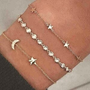 NEW Women's Inlaid Crystal Star Moon Gold Chain Bracelet Set‎